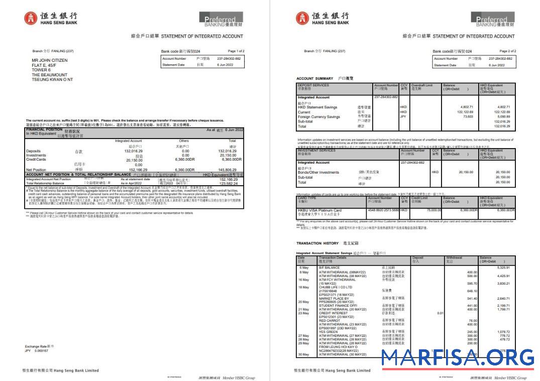 Printable Hongkong Hang Seng bank statement word 2 pages template